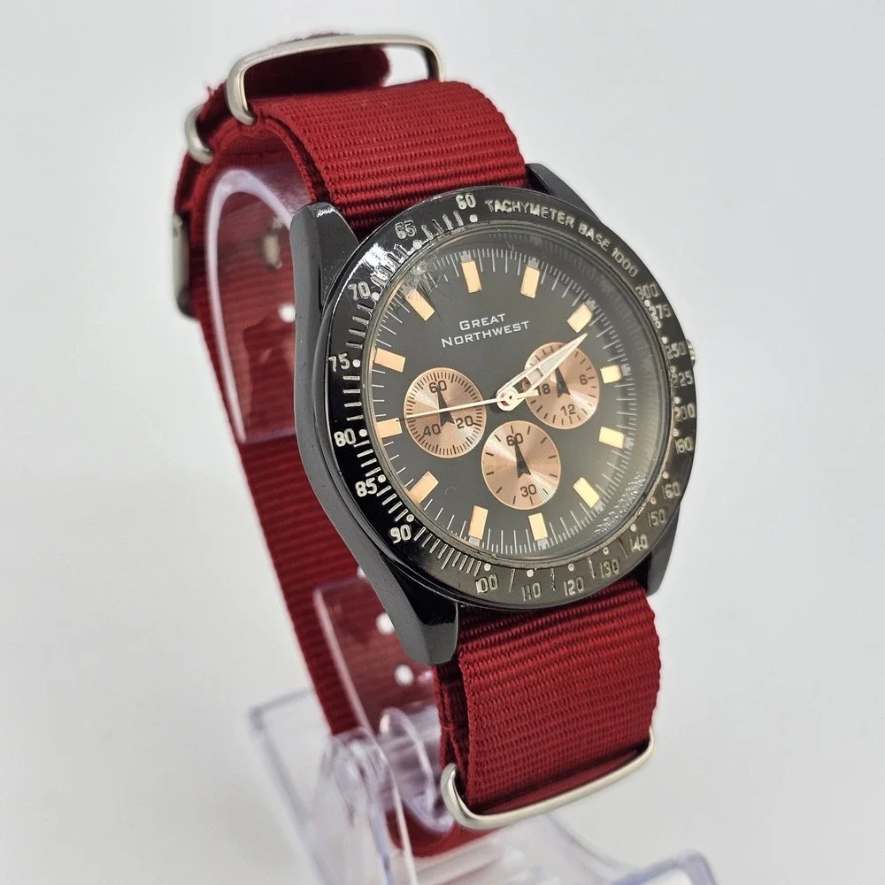 Great Northwest Men's Watch 42MM Black‎ Dial New Red Nylon Band New Battery